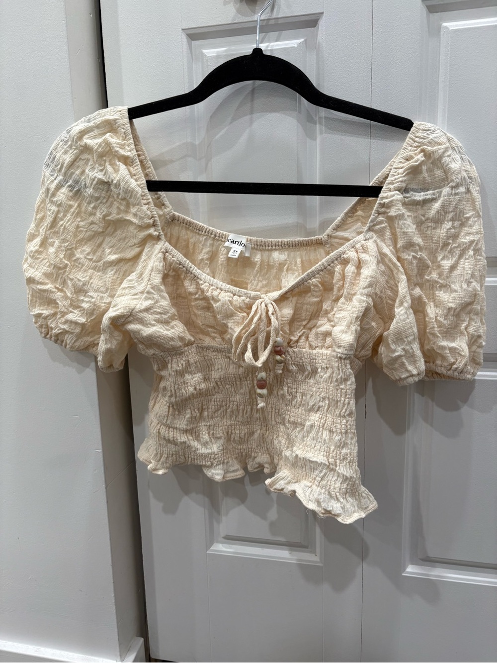 Heartloom Cream Puff-Sleeve Smocked Tie-Front Crop Top